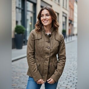 Anthropologie Hei Hei- size 2- Utility Jacket Green Tan Button Up Cotton Linen